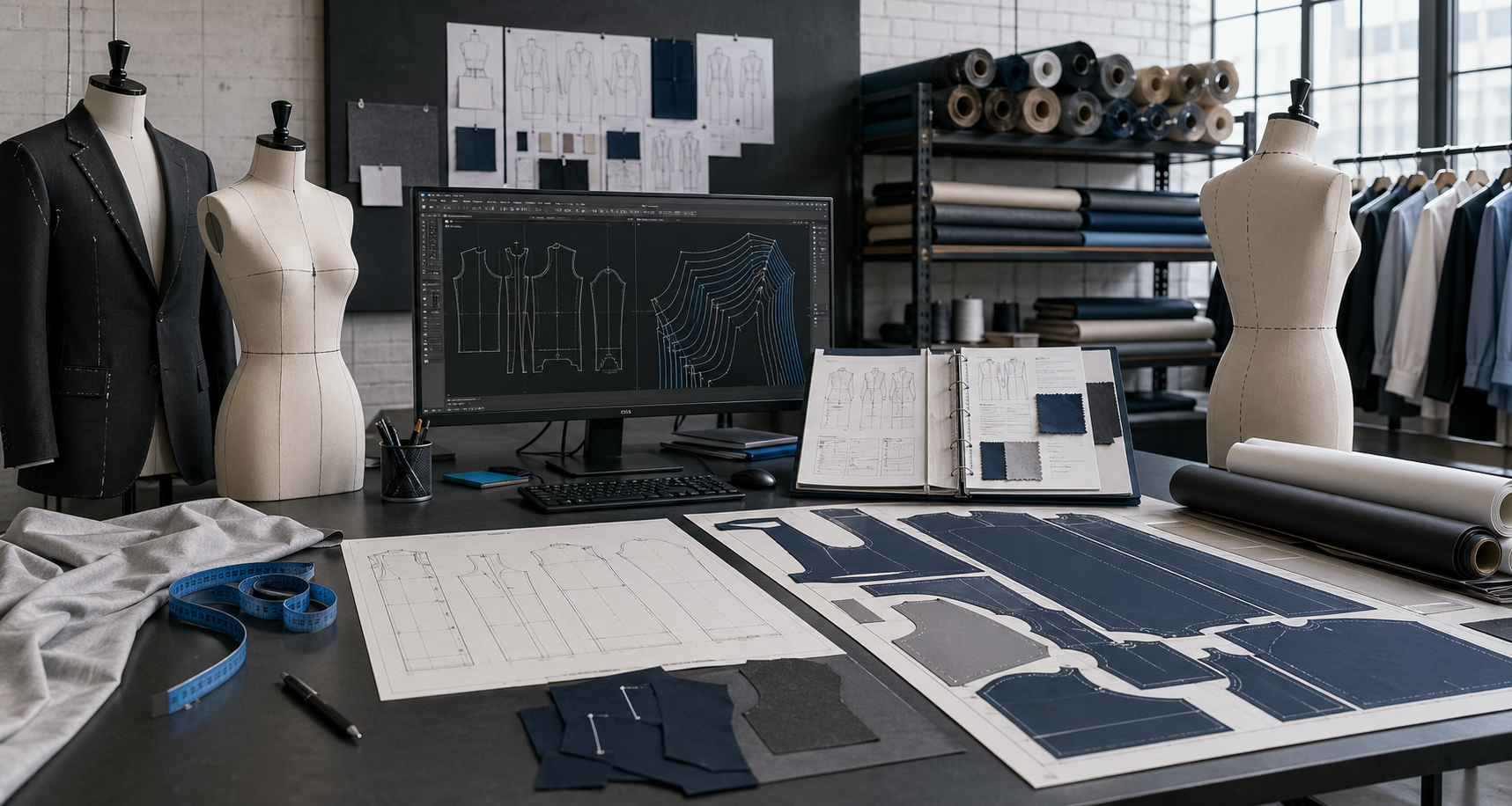 Garment pattern maker production workspace in Los Angeles — menswear and womenswear mannequins, CAD pattern pieces, digital pattern software, fabric rolls